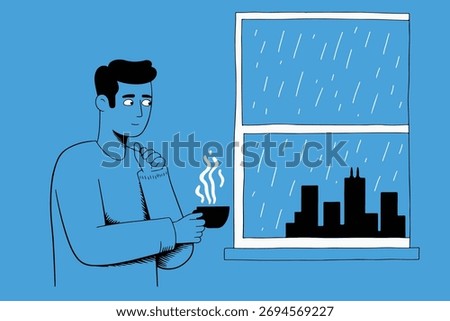 A man sips coffee by the window, watching the rain fall over the city skyline. A cozy and contemplative moment.
