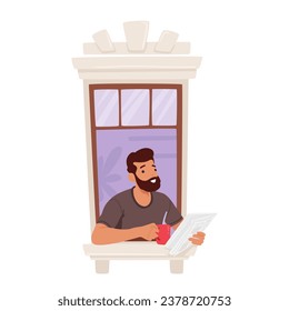 El Hombre Toma Café, Envuelto En Su Periódico, Enmarcado Por La Ventana. Un momento matutino apacible capturado con un personaje masculino con barba disfrutando de bebidas calientes y noticias. Ilustración de vectores de personas de caricatura