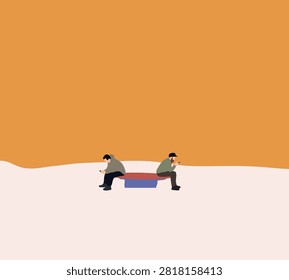 Man sit back-to-back on bench, separated by distance against warm muted backdrop, suggesting moment of quiet disconnect.