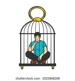 Man sit in cage prison color sketch engraving vector illustration. T-shirt apparel print design. Scratch board imitation. Black and white hand drawn image.