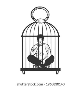 Man sit in cage prison sketch engraving vector illustration. T-shirt apparel print design. Scratch board imitation. Black and white hand drawn image.