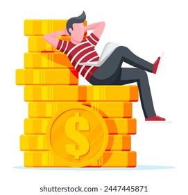 Man Sit and Chilling on Golden Coins Stack and Use Laptop. Man is Resting in Pile of Coins. Freelancer Relaxing After Work. Hipster Character in Jeans and T-shirt. Flat Vector Illustration