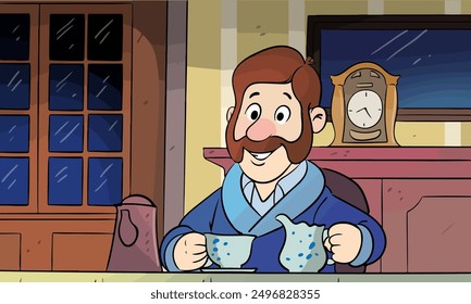 man sit at desk pouring tea in cup from kettle. Smiling guy enjoy warm coffee in mug at home. Vector illustration.