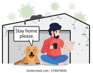 Un hombre se sienta con un perro y lee un libro cuando se queda en casa