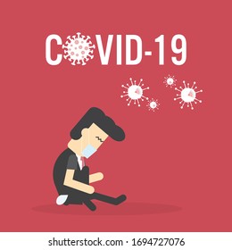 man sit down with world covid-19 disaster text with coronavirus icon