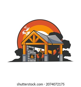 un hombre sentado frente a la chimenea sobre un café caliente. Imagen del vector