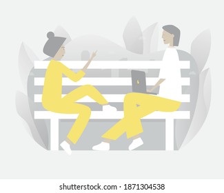 Hombre sentado con una chica en el parque.  Ilustración vectorial con idea de comunicación web para teletrabajo, trabajo a distancia, medios sociales, negocios, finanzas y puesta en marcha
