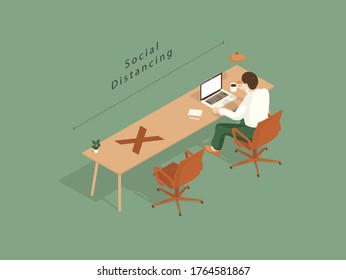 Man sit and hold a coffee cup on a meeting table with a sign prohibit sit next to By wear a face mask and maintain social distancing to minimize the risk of getting COVID19. Isometric Illustration.