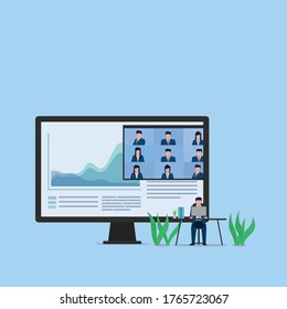 Man sit with laptop present company sales and finance via video conference metaphor of online presentation. Business flat vector concept illustration.