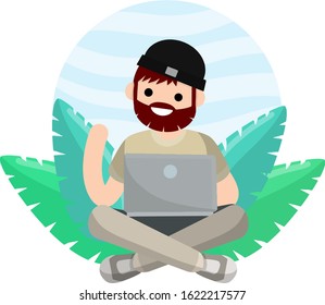 Man sit with laptop. Work freelance and programmer. Green leaves of plant. Guy works on Internet and chat. Communication and training at computer. Cartoon flat illustration