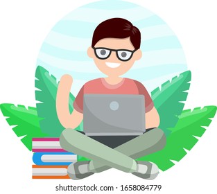 Man sit with laptop. Work freelance and programmer. Green leaves of plant. Guy works on Internet and chat. Cartoon flat illustration. Learning and education with a book.