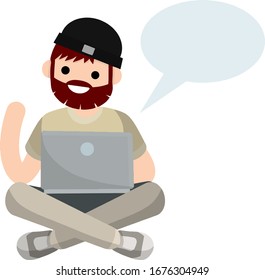 Man sit with laptop. Work freelance and programmer. Guy works on Internet and chat. Cartoon flat illustration. Learning and education. Blank bubble for text.