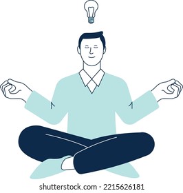 Man sit in lotus pose with lightbulb sign. Idea process icon
