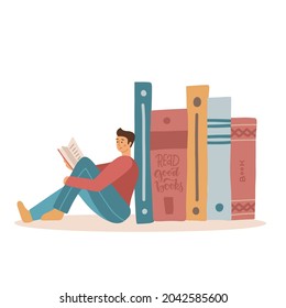 Hombre sentado cerca de la Pila de Grandes Libros para leer un libro. Ilustración vectorial plana