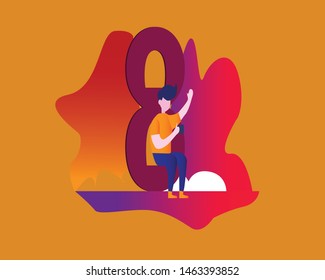 A man sit on 8 number