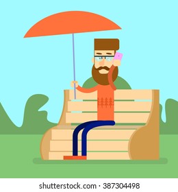 Man Sit On Bench Park Hold Umbrella Speak On Cell Smart Phone Flat Vector Illustration