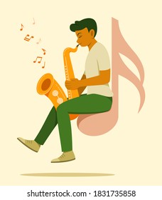 Man Sit on the Big Music Note Symbol and Enjoy to Play Saxophone.
