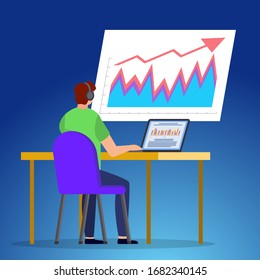 Man sit on chair by table at office. Guy working on laptop and use headphones for communication. Statistics chart on board, infographic that represents success of company. Vector illustration in flat