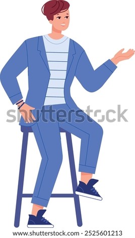 Man sit on chair gesturing. Talking person character isolated on white background