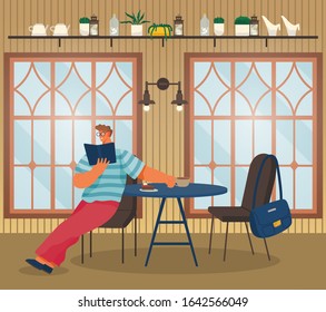 Man sit on chair and read book in coffeehouse. Cup with beverage and dessert on surface. Person drink coffee and eat cake. Cozy cafe interior with big windows. Vector illustration in flat style