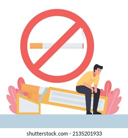Man sit on the cigarette with forbidden sign behind metaphor of quit smoking