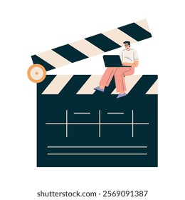 Man Sit on Clapperboard with Laptop at Shooting Film Movie Production Scene Vector Illustration