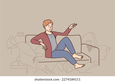 Man sit on couch surrounded with garbage at home watching TV. Careless male relax on sofa with television, trash bags around. Vector illustration. 