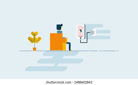 Man sit on couch and use video call conference with smartphone.