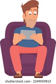 Man sit on cozy armchair with tablet. Cartoon resting person