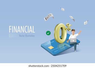 Man sit on credit card with zero percentage interest fee offer. Money spending, financial marketing and interest fee promotion for online shopping and commercial store. 3D vector.