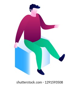 Man sit on cube icon. Isometric of man sit on cube vector icon for web design isolated on white background