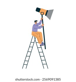 Man Sit on Ladder with Lamp at Shooting Film Movie Production Scene Vector Illustration