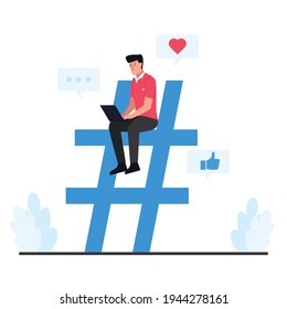 Der Mann sitzt auf dem großen Hashtag Symbol, das das Telefon hält.