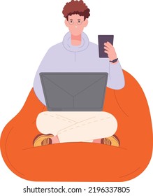 Man sit on lazy chair with smartphone and laptop. Gadget using at home isolated on white background