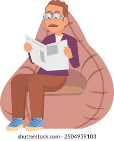 Man sit on lazy chair and reading newspaper cartoon character