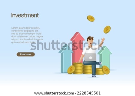 Man sit on money stack with growth graph on investment. Financial technology and profit in return on investment on portfolio. 3D realistic vector. 