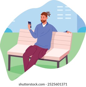 Man sit on park bench with smartphone. Happy bearded guy isolated on white background