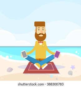 Man Sit On Sea Beach Vacation Lotus Pose Hold Cell Smart Phone Social Network Communication Concept Vector Illustration