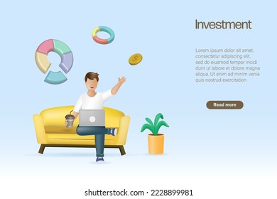 Man sit on sofa receiving money from return on investment. Financial allocation investment strategy and profit in return on investment on portfolio. 3D realistic vector. 