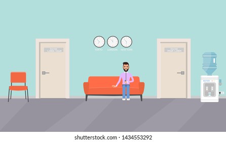 A man sit on the sofa in the waiting hall, corridor. There are chairs, a water cooler, a sofa near the window. Vector flat illustration.