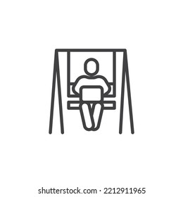 Man sit on a swing with laptop line icon. linear style sign for mobile concept and web design. Freelance, online learning outline vector icon. Symbol, logo illustration. Vector graphics