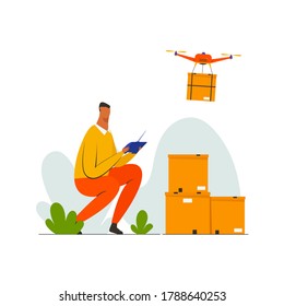 Man Sit and Playing Drone, Delivery Service With Drone