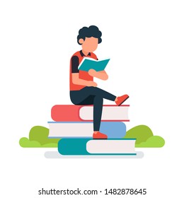 Man sit and read a book, vector character design flat illustration