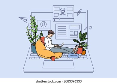 Man sit real on huge laptop watch online tutorial on gadget. Guy study on internet have webinar class or seminar. Blogging and broadcast. Distant education concept. Vector illustration.