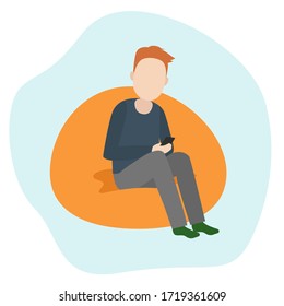 Der Mensch sitzt mit Smartphone auf Bodenkissen. Smartphone-Sucht. Vektorgrafik.