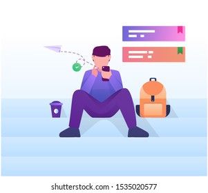 Man sit in the stairs play mobile flat illustration