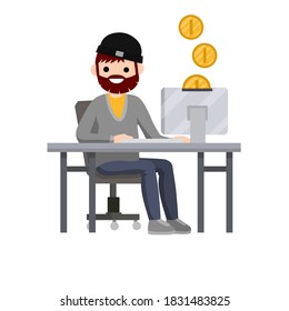 Hombre sentado en la mesa con computadora. Ingresos y salarios en línea. Monedas de oro. Obra independiente y programador Dibujo plano de dibujos animados