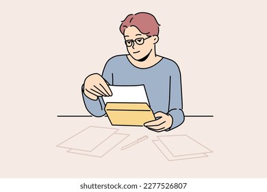 Man sit at table at home open correspondence. Male in glasses read message or text in postal letter. Post and notification. Vector illustration. 