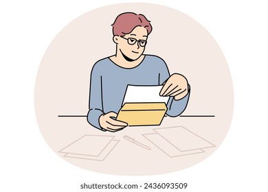 Man sit at table at home open correspondence. Male in glasses read message or text in postal letter. Post and notification. Vector illustration.