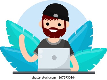 Man sit at table with laptop. Concept of Education. Cartoon Flat cartoon. Teaching and learning. Blue Green plant leaves.